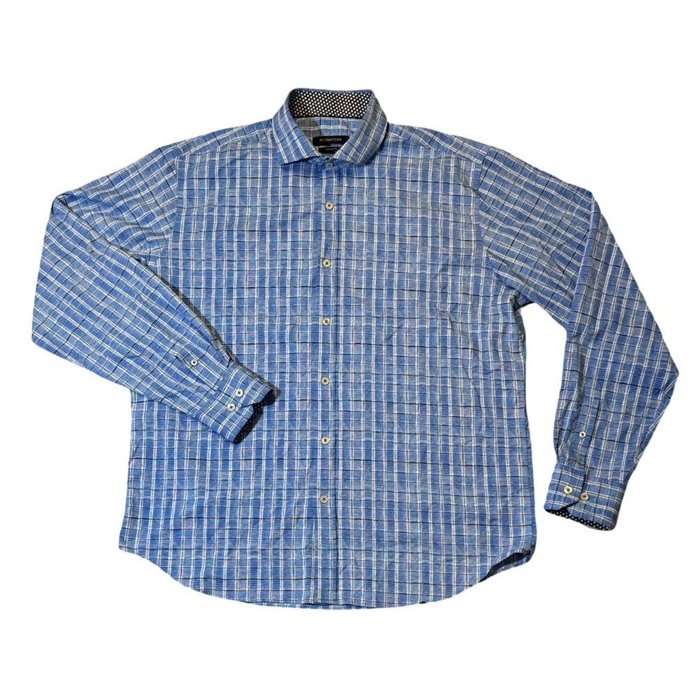 Bugatchi mens XL blue plaid classic fit performance stretch button up shirt EUC